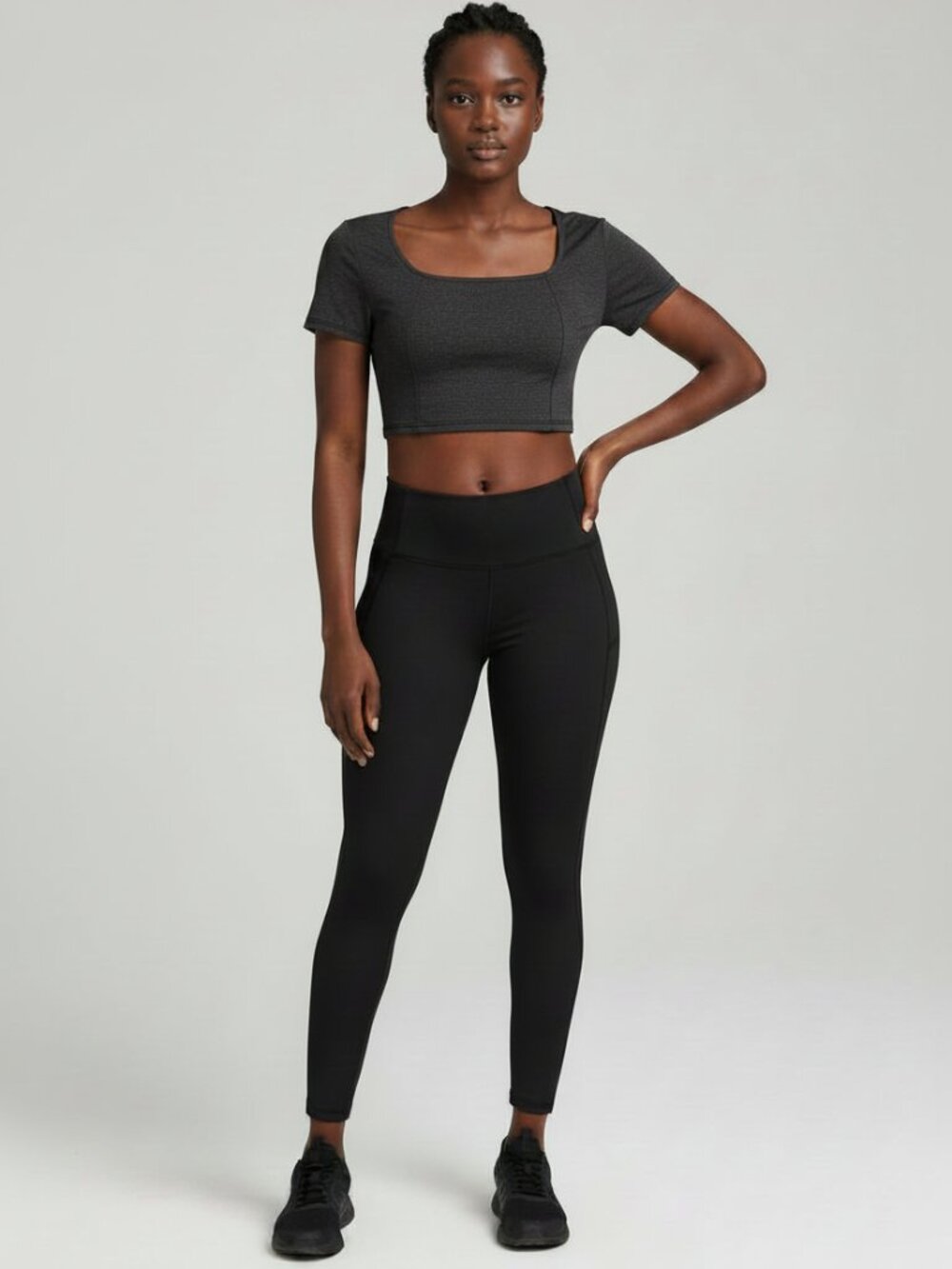 FLX Black Heather Square Neck Cropped Built-In Bra Tee XS NWOT
